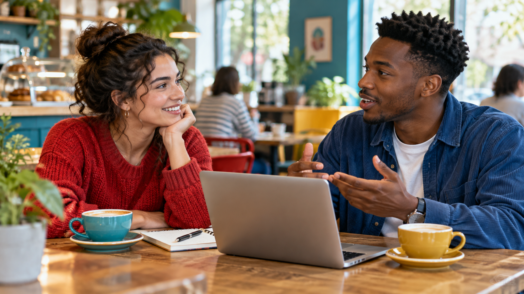 Two English learners talking together over coffee
