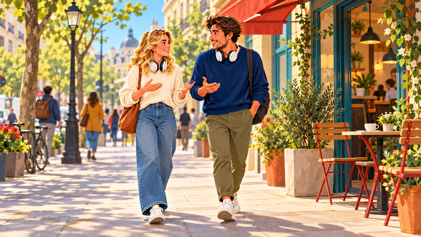 Maya and Leo talking together on a bright city street